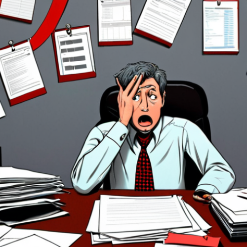 **

>A stressed office worker surrounded by piles of paperwork, struggling to submit a vacation request form. Exaggerated bureaucracy elements like red tape, rubber stamps, and confusing flowcharts are prominent. Emphasize the frustration and lack of work-life balance. Style: Cartoonish, slightly absurd. Colors: Muted greys and reds to convey stress.

**