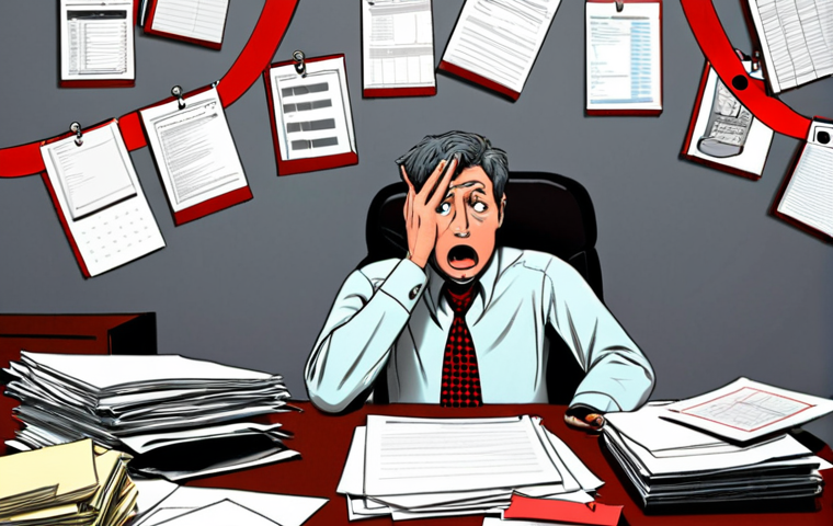**
>A stressed office worker surrounded by piles of paperwork, struggling to submit a vacation request form. Exaggerated bureaucracy elements like red tape, rubber stamps, and confusing flowcharts are prominent. Emphasize the frustration and lack of work-life balance. Style: Cartoonish, slightly absurd. Colors: Muted greys and reds to convey stress.
**