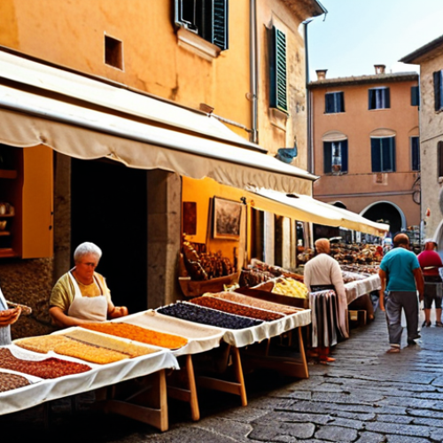 **

A vibrant marketplace scene in a small Italian town. Focus on local artisans displaying their handcrafted goods, emphasizing the rich colors and textures of the materials. In the background, a historical building adds to the charm. Capture the essence of "Esplorando le Eccellenze Locali" (Exploring Local Excellences). Style: Painterly, warm lighting.

**