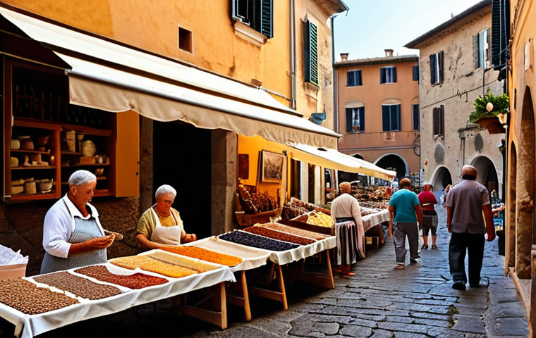 **
A vibrant marketplace scene in a small Italian town. Focus on local artisans displaying their handcrafted goods, emphasizing the rich colors and textures of the materials. In the background, a historical building adds to the charm. Capture the essence of "Esplorando le Eccellenze Locali" (Exploring Local Excellences). Style: Painterly, warm lighting.
**
