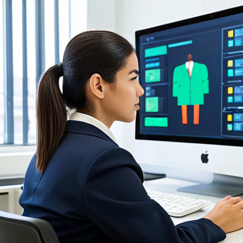 A professional local government employee, female, focused and engaged, wearing a modest, well-tailored business suit. She is seated at a clean, modern desk in a brightly lit, contemporary municipal office, looking at a computer screen that displays an official digital service portal. The environment is orderly and conveys efficiency. safe for work, appropriate content, fully clothed, professional dress, perfect anatomy, correct proportions, natural pose, well-formed hands, proper finger count, natural body proportions, high quality photography, professional image.