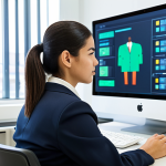 A professional local government employee, female, focused and engaged, wearing a modest, well-tailored business suit. She is seated at a clean, modern desk in a brightly lit, contemporary municipal office, looking at a computer screen that displays an official digital service portal. The environment is orderly and conveys efficiency. safe for work, appropriate content, fully clothed, professional dress, perfect anatomy, correct proportions, natural pose, well-formed hands, proper finger count, natural body proportions, high quality photography, professional image.