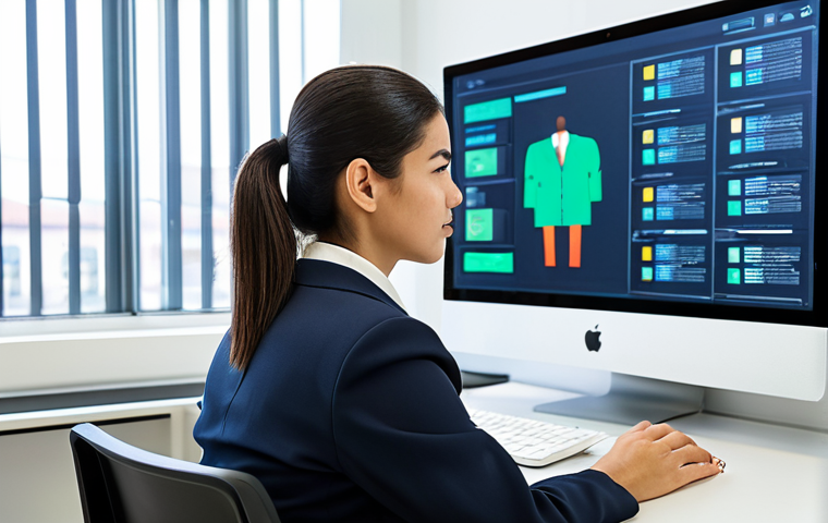 A professional local government employee, female, focused and engaged, wearing a modest, well-tailored business suit. She is seated at a clean, modern desk in a brightly lit, contemporary municipal office, looking at a computer screen that displays an official digital service portal. The environment is orderly and conveys efficiency. safe for work, appropriate content, fully clothed, professional dress, perfect anatomy, correct proportions, natural pose, well-formed hands, proper finger count, natural body proportions, high quality photography, professional image.