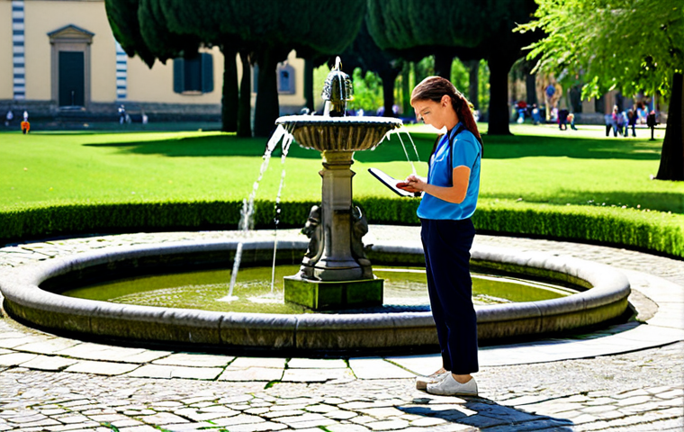 **

A professional female municipal worker in appropriate attire inspects a well-maintained public park in Florence, Italy. Lush greenery, cobblestone paths, and a classic Italian fountain are visible. She is taking notes on a digital tablet. Safe for work, fully clothed, professional, perfect anatomy, correct proportions, natural pose, high-quality image, appropriate content, family-friendly.

**