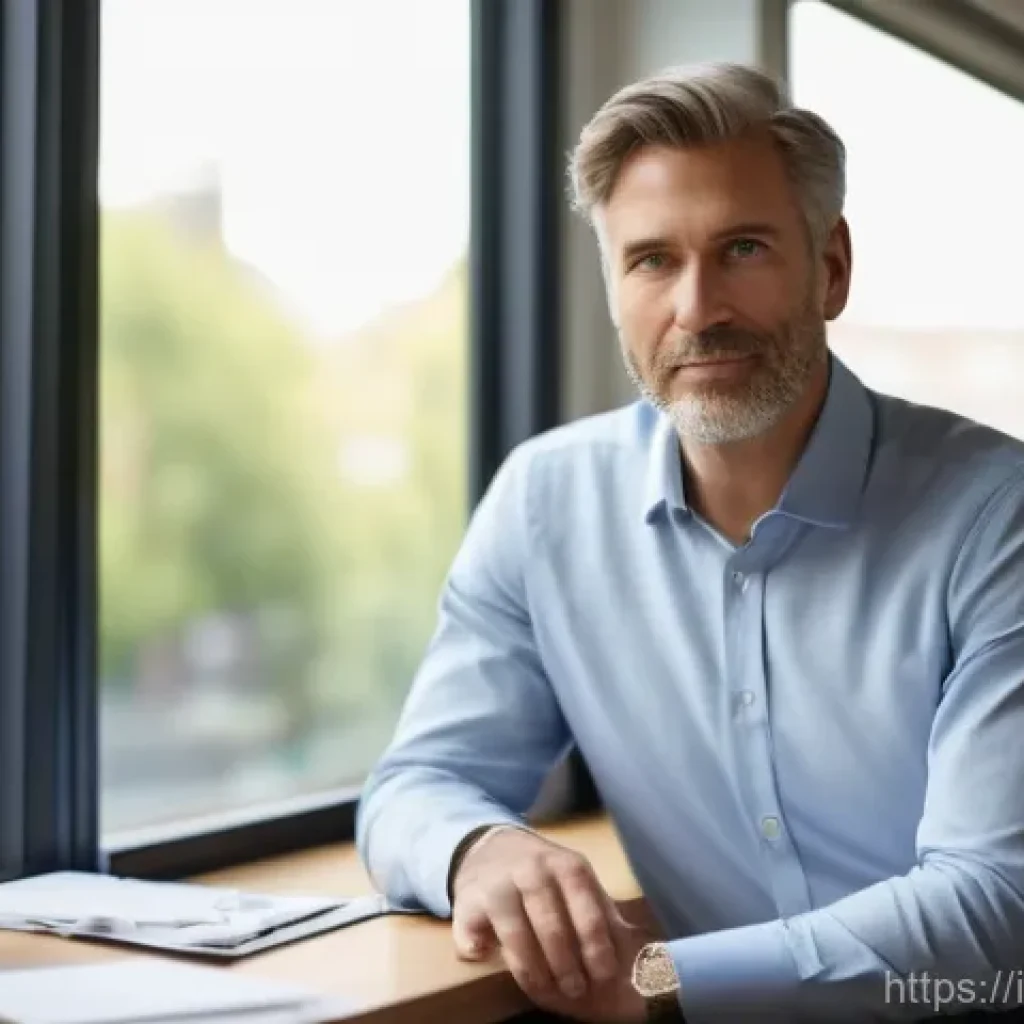 지방공무원 이직 준비 체크리스트 - A focused, middle-aged professional, male or female, sits at a modern office desk with a large windo...