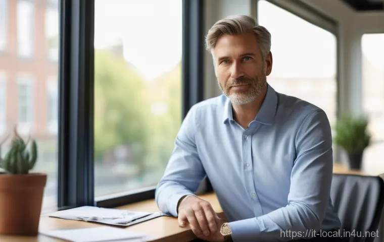 지방공무원 이직 준비 체크리스트 - A focused, middle-aged professional, male or female, sits at a modern office desk with a large windo...