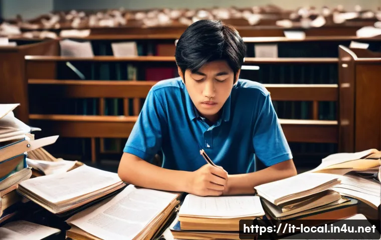 지방공무원 시험 준비 실패 이유 분석 - **Prompt:** A young adult, around 20-25 years old, looking utterly overwhelmed and lost in a clutter...