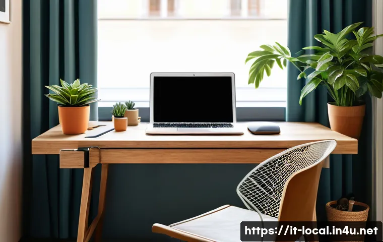 지방공무원 직무 스트레스 관리법 - A modern Italian public office workspace scene showing a well-organized desk with essential items on...