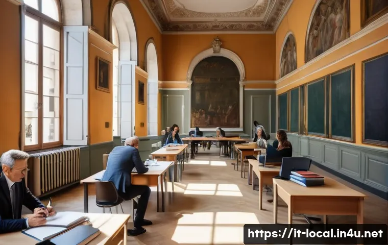 지방공무원 신규 채용 공고 분석 - A detailed scene of a local government office environment in Italy, showing a diverse group of profe...