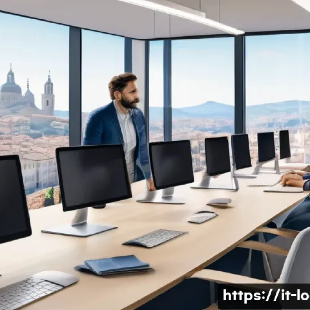 지방공무원 재택근무 사례 - A modern Italian public office environment showing diverse local government employees using digital ...