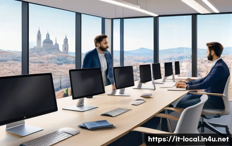 지방공무원 재택근무 사례 - A modern Italian public office environment showing diverse local government employees using digital ...