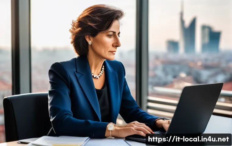 지방공무원 퇴사 후 진로 변경 사례 - A confident middle-aged Italian professional woman transitioning from a stable public administration...