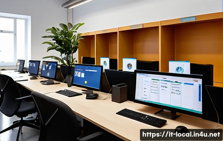 지방공무원 법정근로시간과 초과근무 - A modern Italian public office interior during a typical workday, showing diverse employees dressed ...