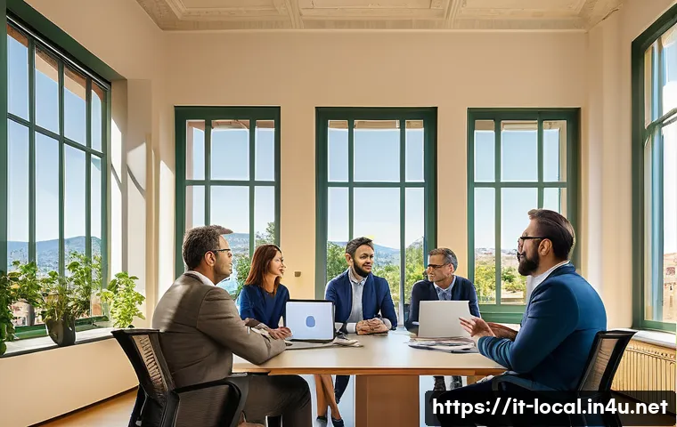 지방공무원 면접 합격 키워드 - A professional office scene in a modern Italian municipal building, showing a diverse group of local...