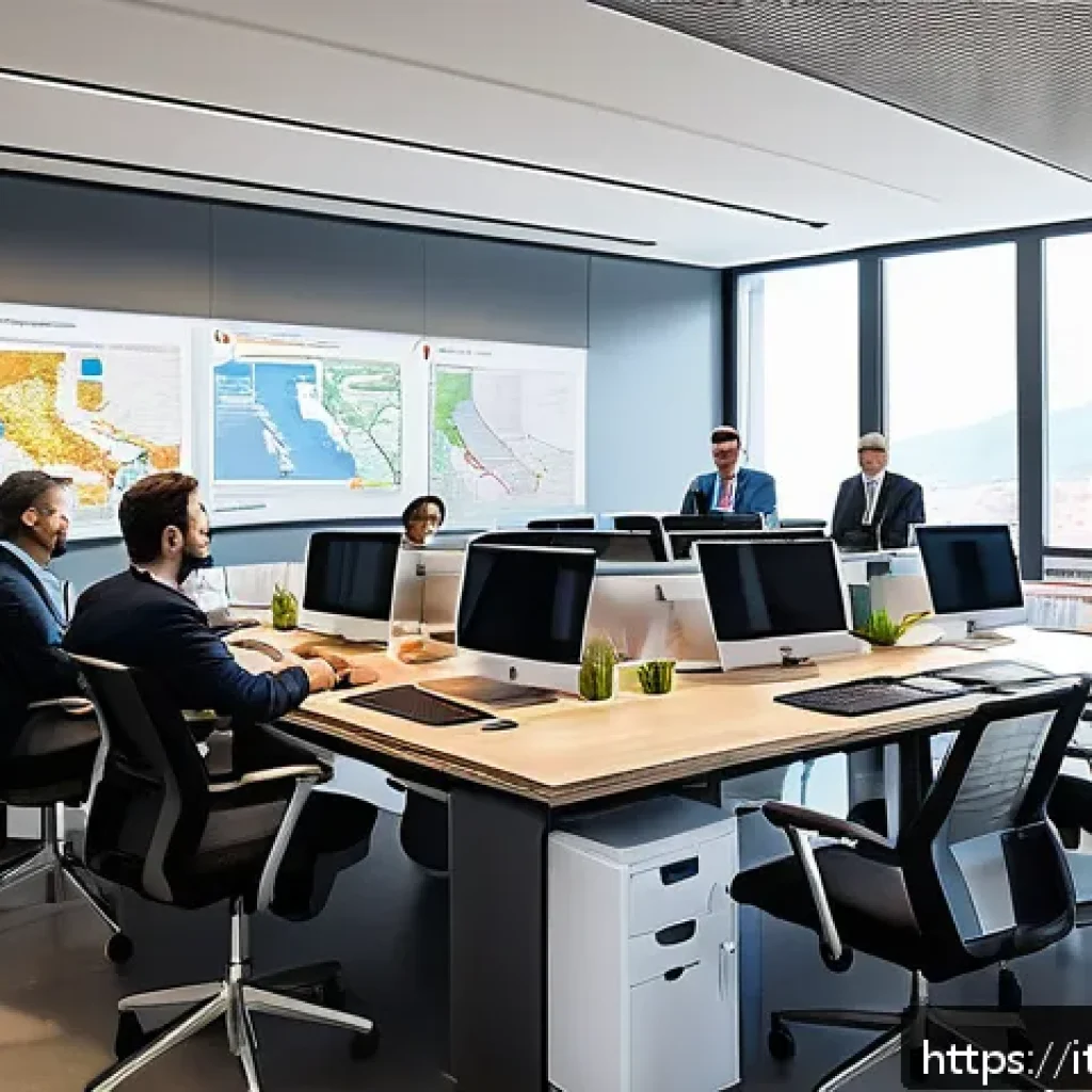 지방공무원 1년차 직무 적응기 - A modern Italian public administration office environment, showing a diverse group of professionals ...