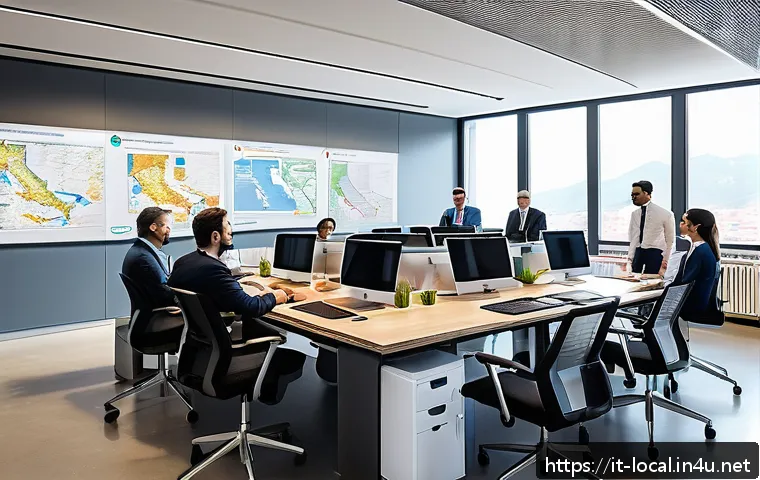 지방공무원 1년차 직무 적응기 - A modern Italian public administration office environment, showing a diverse group of professionals ...