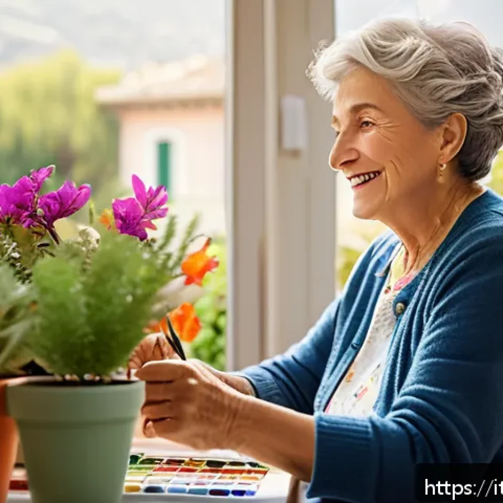 지방공무원 정년 퇴직 후 진로 - A joyful retired Italian woman in her 60s, wearing casual yet elegant clothing, painting colorful la...