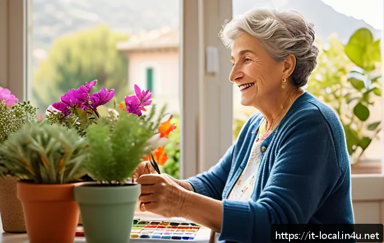 지방공무원 정년 퇴직 후 진로 - A joyful retired Italian woman in her 60s, wearing casual yet elegant clothing, painting colorful la...