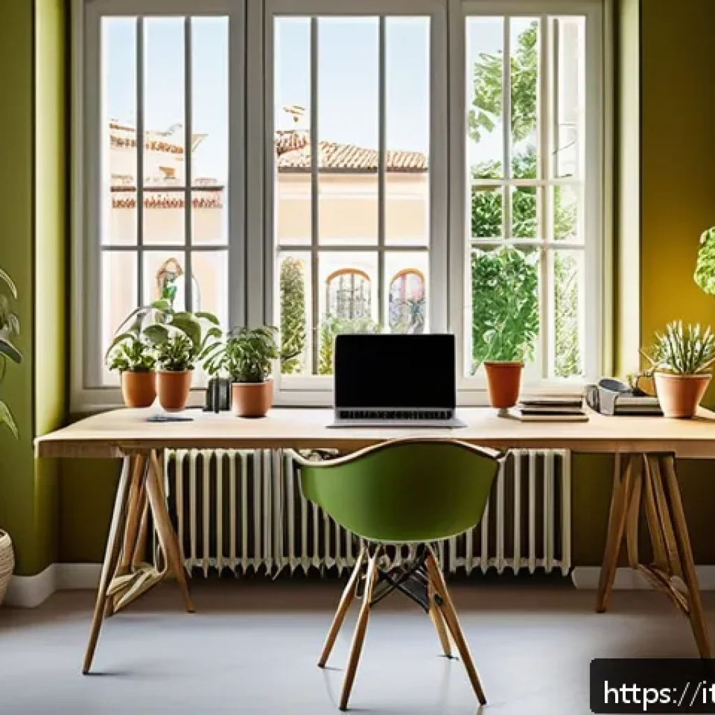 지방공무원 재택근무 생산성 관리법 - A modern, ergonomic home office setup in an Italian apartment with natural sunlight streaming throug...