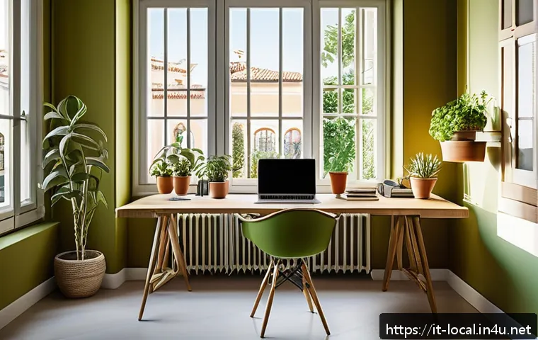 지방공무원 재택근무 생산성 관리법 - A modern, ergonomic home office setup in an Italian apartment with natural sunlight streaming throug...