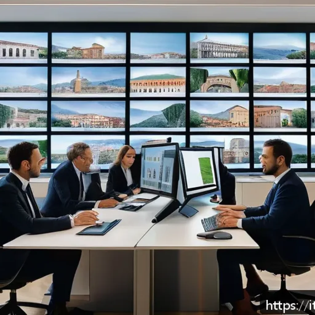 지방공무원 실무 중심 워크샵 - A modern Italian public office scene showing diverse public officials collaborating efficiently usin...