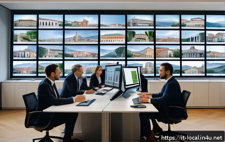 지방공무원 실무 중심 워크샵 - A modern Italian public office scene showing diverse public officials collaborating efficiently usin...