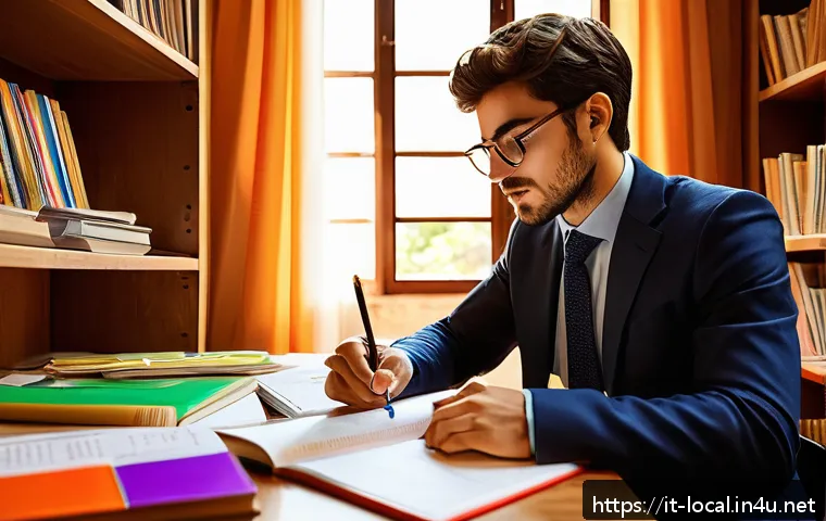 지방공무원 채용 시험 흐름도 - A focused young Italian candidate studying at a wooden desk in a cozy, sunlit room filled with Itali...