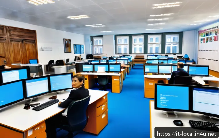 지방공무원 재직자 경험담 인터뷰 - A busy Italian municipal office interior with diverse public employees in professional attire, focus...
