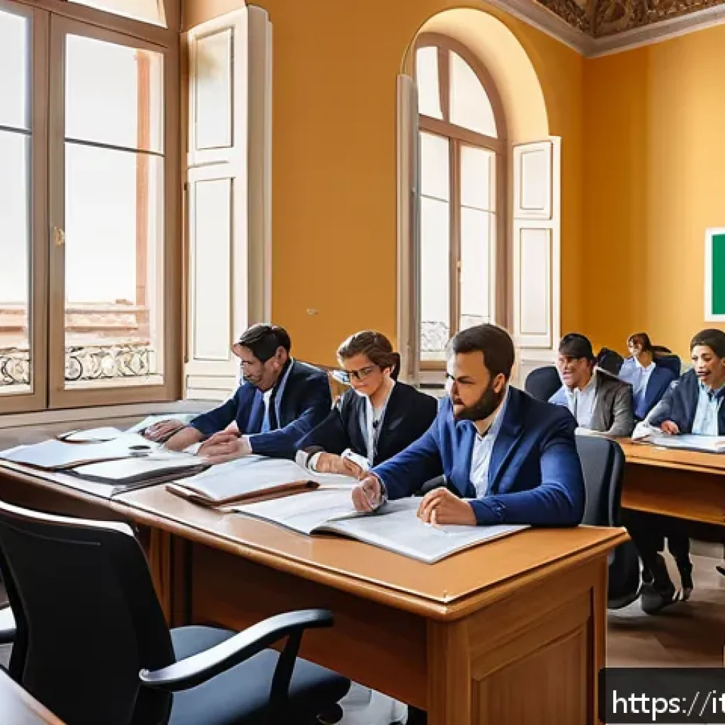지방공무원 시험 지원 자격 요건 - A professional Italian public administration office setting, with diverse candidates studying and pr...