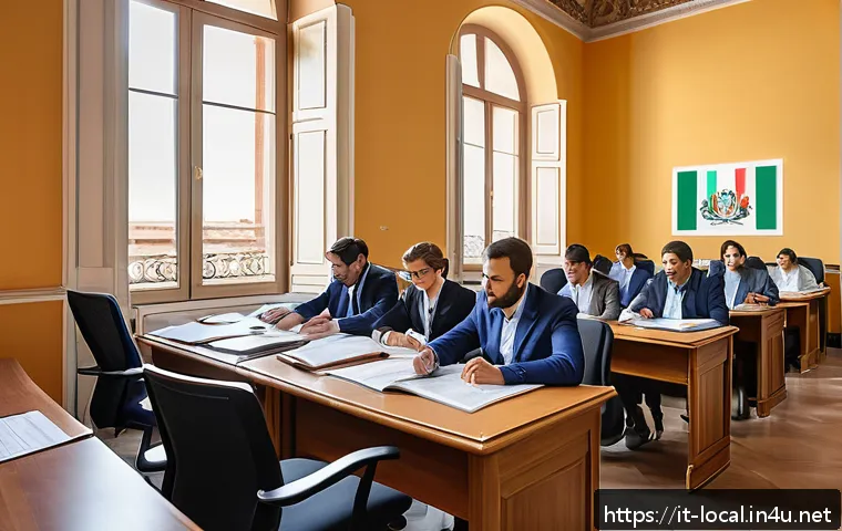 지방공무원 시험 지원 자격 요건 - A professional Italian public administration office setting, with diverse candidates studying and pr...