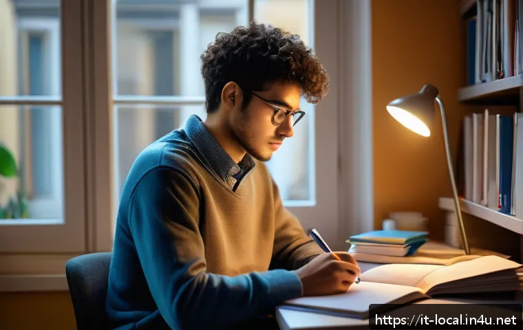 지방공무원 필수 지식 및 공부 자료 - A focused Italian student studying at a tidy desk in a cozy home office, early morning light coming ...