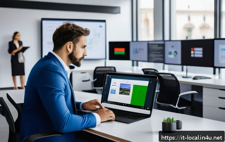 지방공무원 필수 전산 교육 정리 - A modern Italian local government office with diverse public employees engaged in digital training: ...