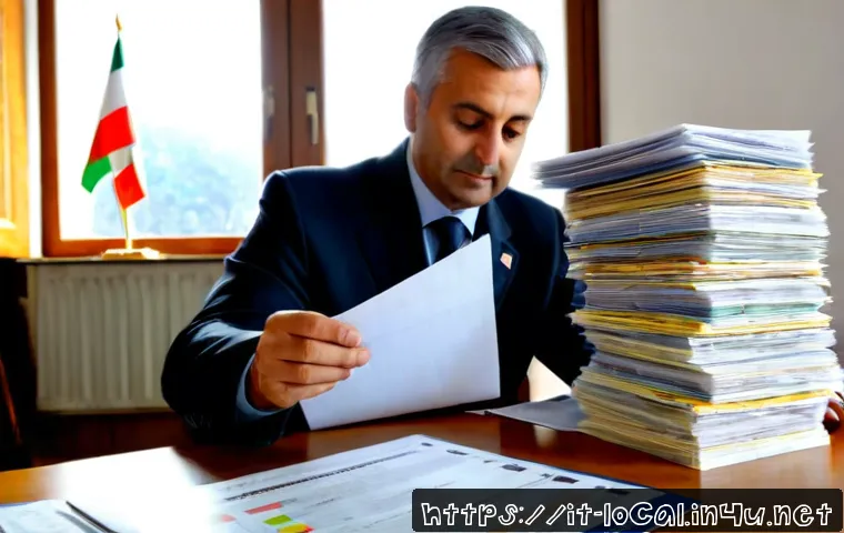 지방공무원 관련 최신 뉴스 해석 - Photorealistic Italian municipal public office, a middle-aged civil servant in professional attire r...